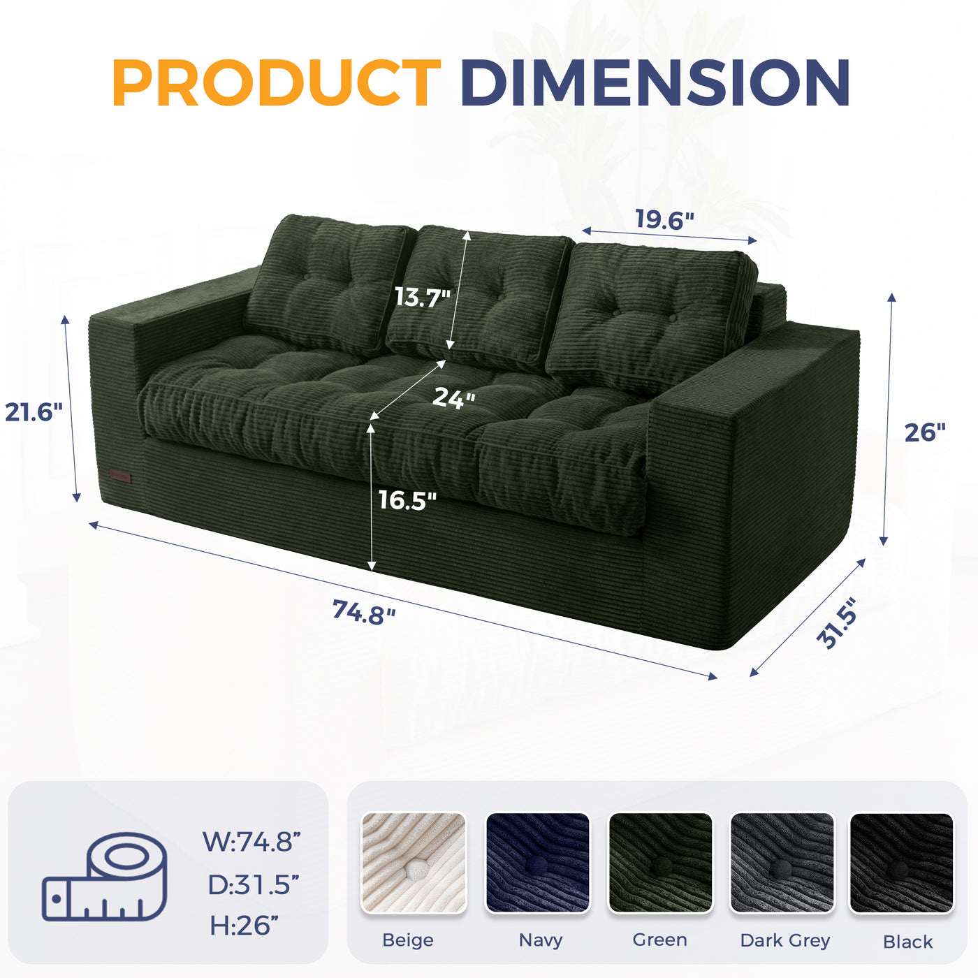 MAXYOYO 3 Seater Couch for Living Room, Boneless Couch with Tufted Cushion & Backrest, Upholstered Floor Sofa with Armrests, Sofa in A Box, No Assembly Required