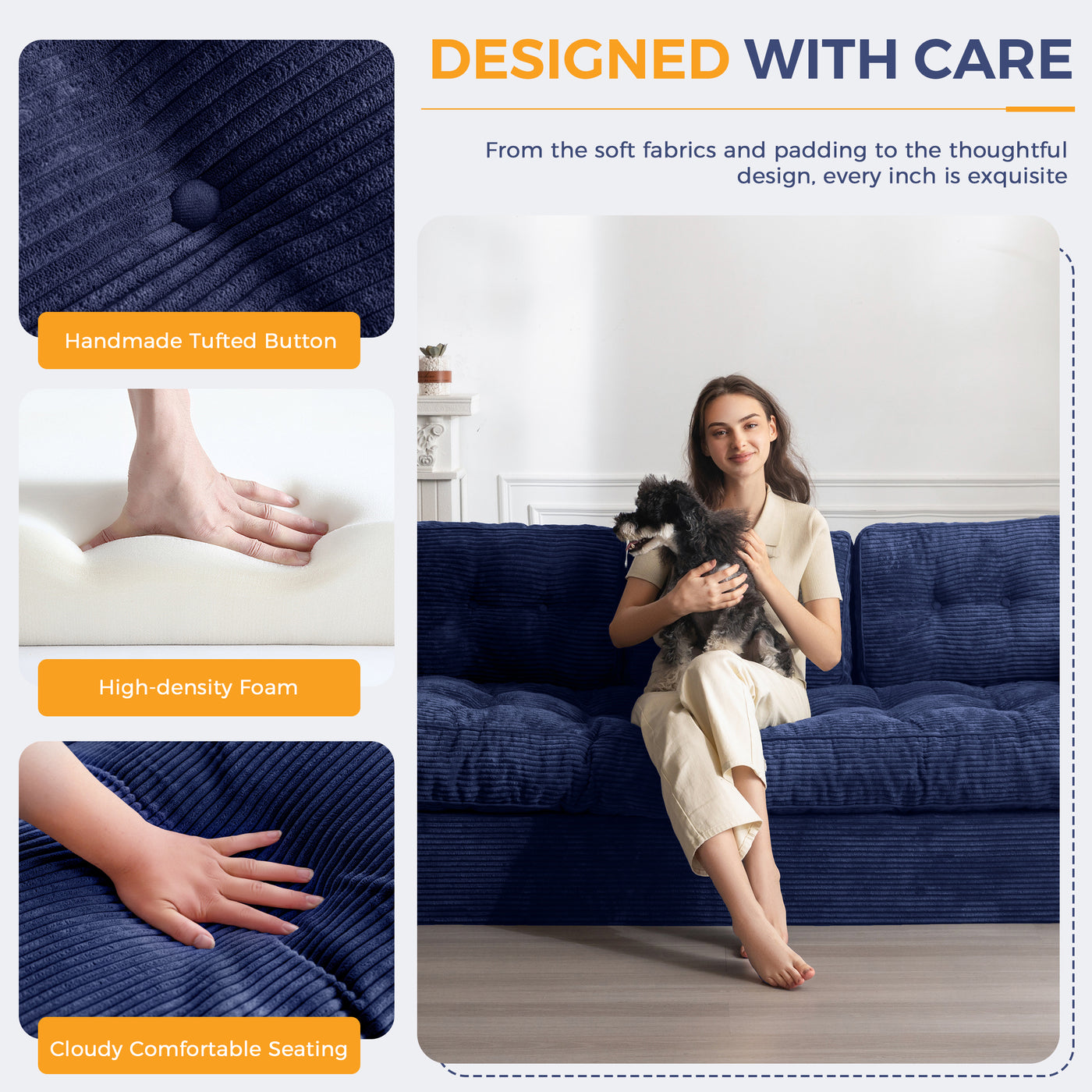 MAXYOYO 3 Seater Couch for Living Room, Boneless Couch with Tufted Cushion & Backrest, Upholstered Floor Sofa with Armrests, Sofa in A Box, No Assembly Required
