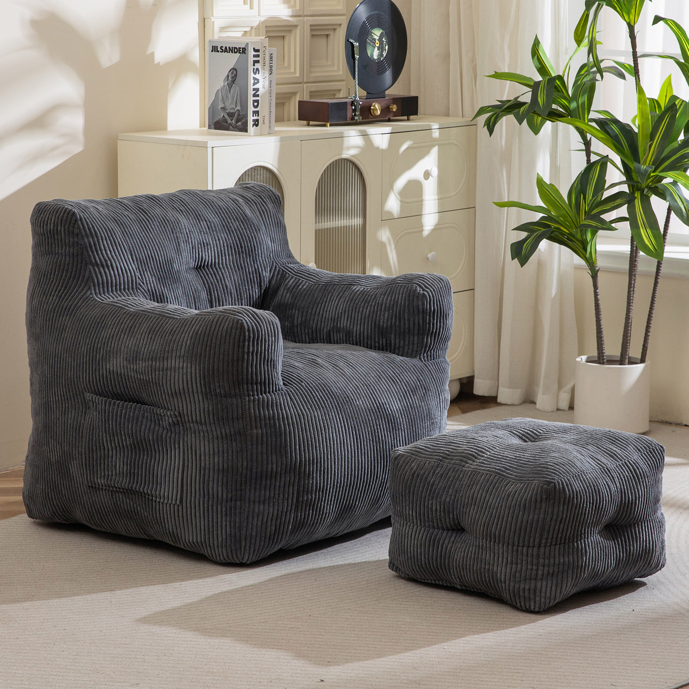MAXYOYO Tufted Bean Bag Chair with Ottoman, Corduroy Bean Bag Couch Lazy Chair with Filler for Adult, Grey