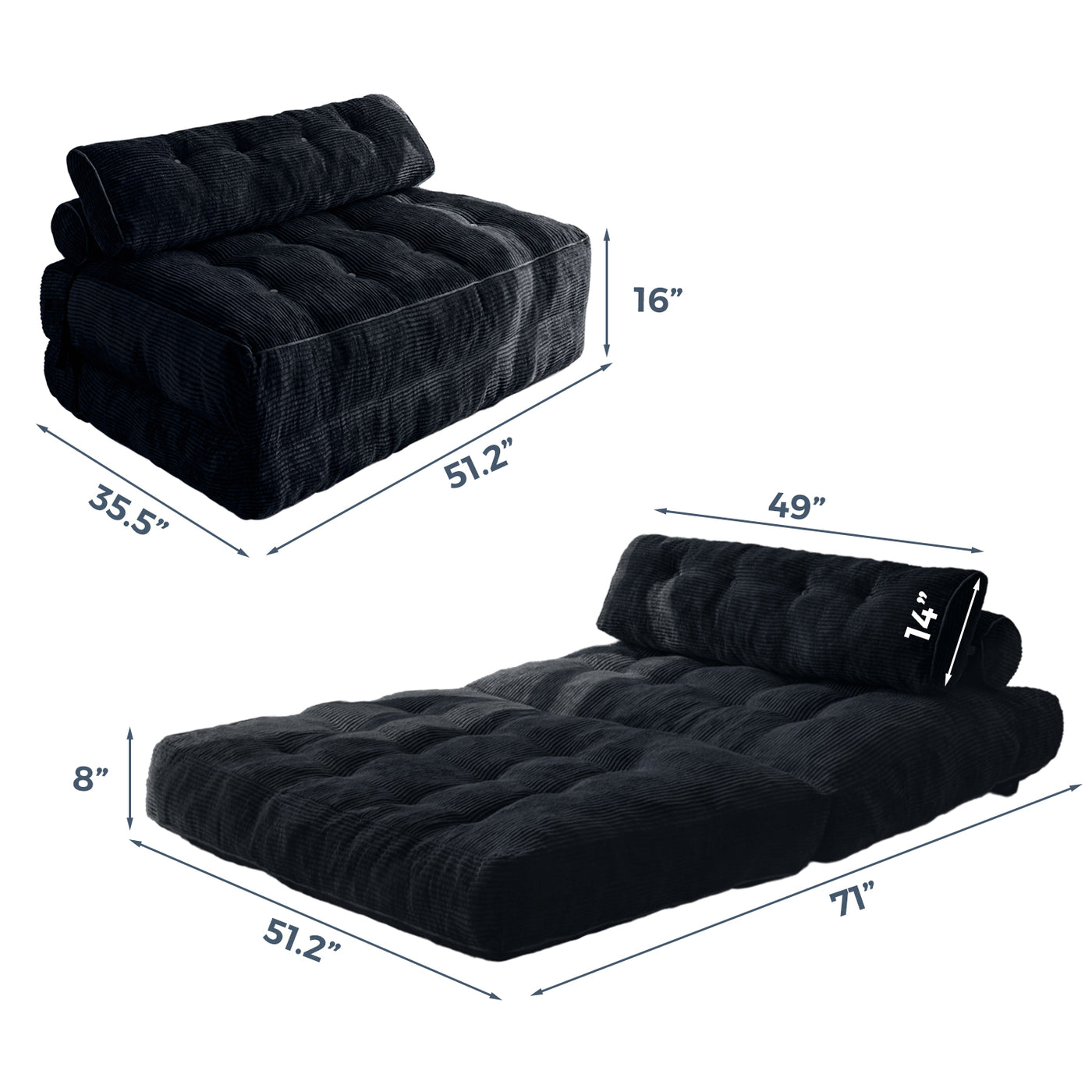 MAXYOYO Corduroy Folding Sofa Bed, Convertible Sleeper Chair with Pillow Foldable Mattress with Back Support(Double), Black