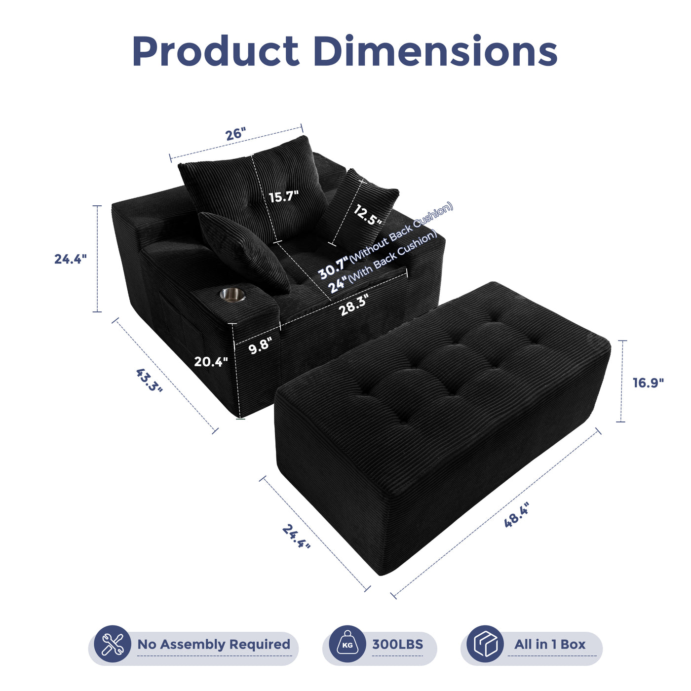 MAXYOYO Oversized Chaise Lounge Sofa, Upholstered Lounge Chair with 3 Pillows Indoor, Tufted Boneless Sofa Couch with Ottoman, Modern Deep Seat Sleeper Chair for Livingroom, Bedroom, No Assembly, Black