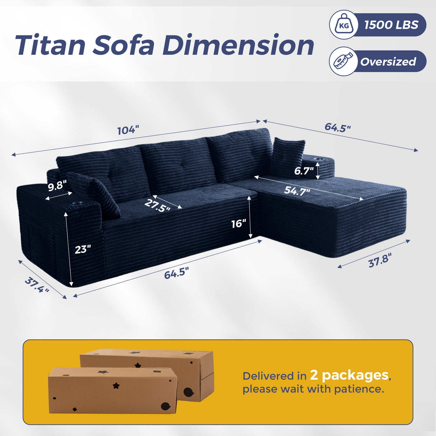 MAXYOYO 104" Modular Sectional Couch with L-Shape Chaise, Modern Boneless Couch for Living Room, Sofa in A Box, Oversized Sofa Sleeper with Deep Seat, No Assembly Required, Navy