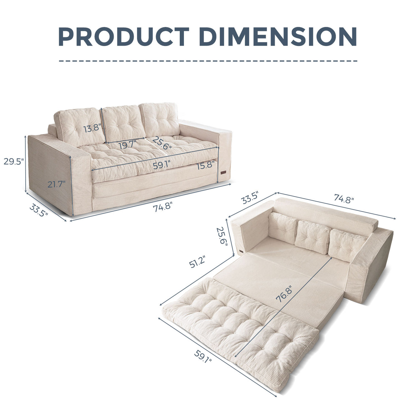 MAXYOYO 3-Seater Convertible Sofa Bed – Corded 2-in-1 Pull-Out Floor Couch with Pillows for Living Room, No Assembly