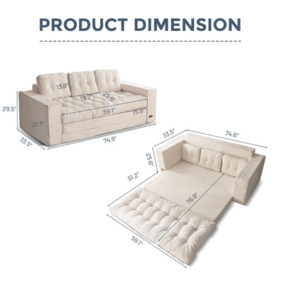 MAXYOYO 3-Seater Convertible Sofa Bed – Corded 2-in-1 Pull-Out Floor Couch with Pillows for Living Room, No Assembly