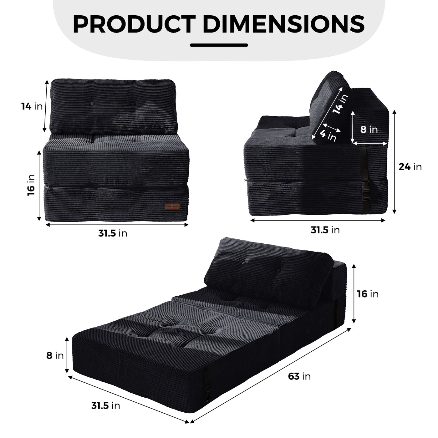 MAXYOYO Folding Sofa Bed, Convertible Sofa Bed with High-Density Support Foam for Living Room Bedroom, Black