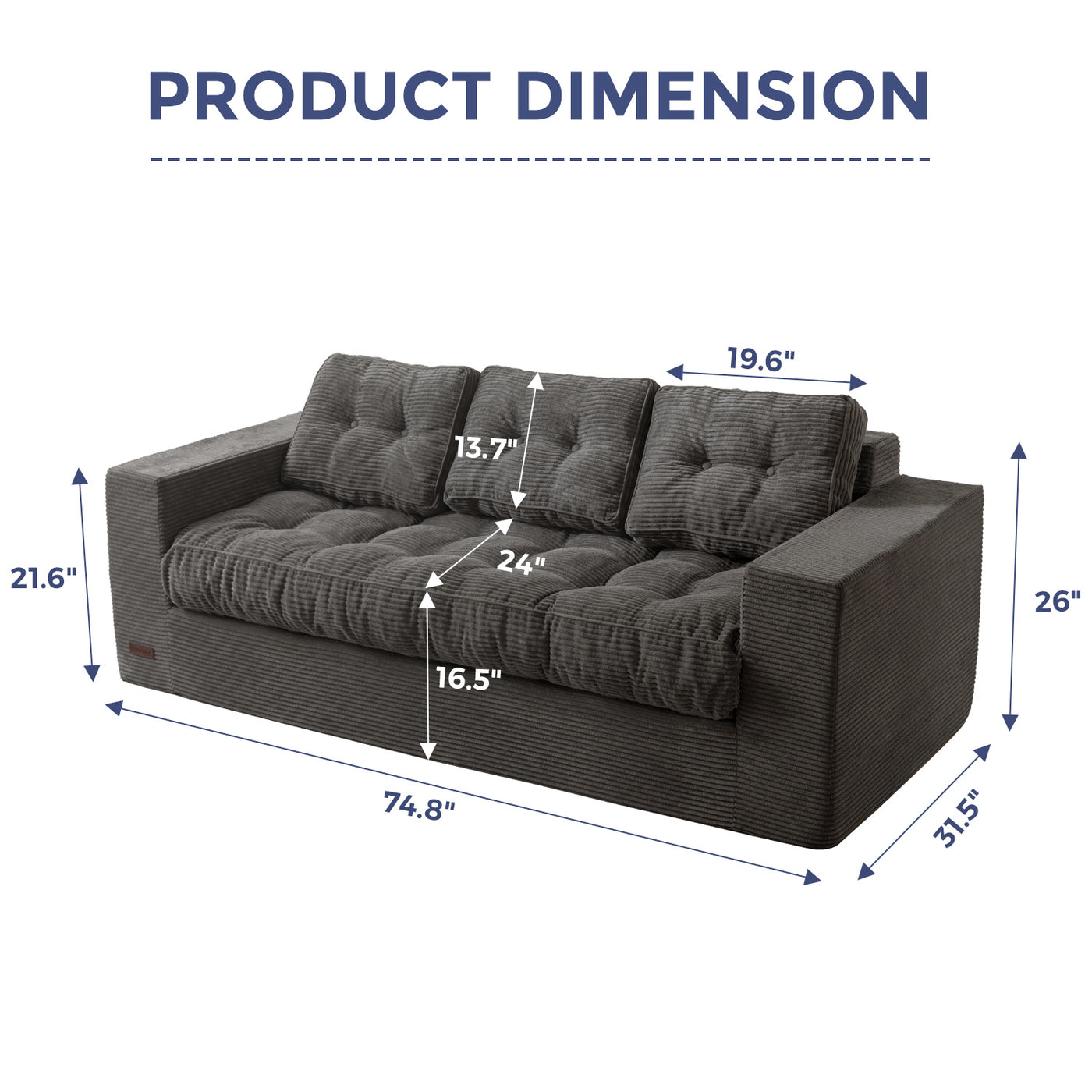 MAXYOYO 3 Seater Couch for Living Room - Boneless Couch, Sofa in A Box, No Assembly Required, Dark Grey