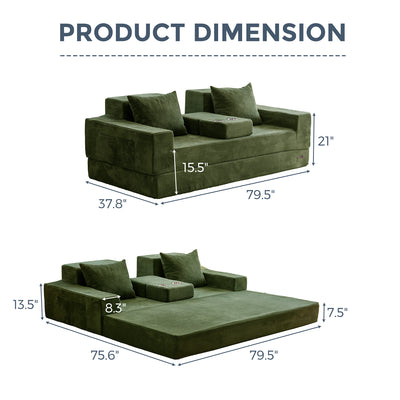 MAXYOYO 3-Seater Sofa Bed in a Box – Corded 4-in-1 Floor Couch with Cup Holders, No Tools Needed, Dark Green