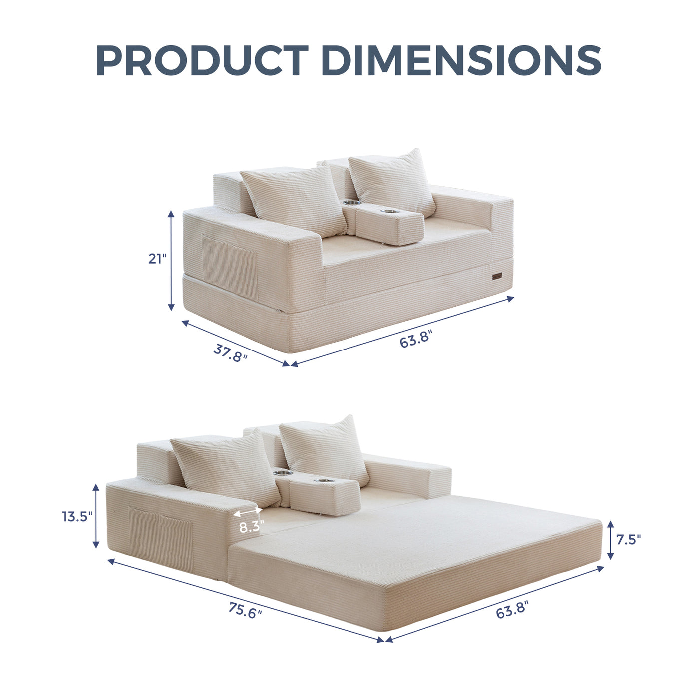 MAXYOYO Convertible Loveseat Sofa Bed – Corded Foldable Floor Recliner with Cup Holders, Beige
