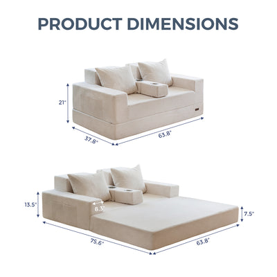MAXYOYO Convertible Loveseat Sofa Bed – Corded Foldable Floor Recliner with Cup Holders, Beige