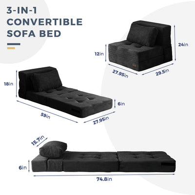 MAXYOYO 4-in-1 Convertible Sofa Bed Chair – Tufted Folding Floor Couch with Pillow, Black