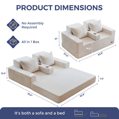 MAXYOYO Loveseat Sofa Bed, 4 in 1 Foldable Floor Sofa Couch in A Box with 2 Cup Holders, Convertible Boneless Couch Folding Recliner Sleeper Chair for Living Room, No Assembly Required