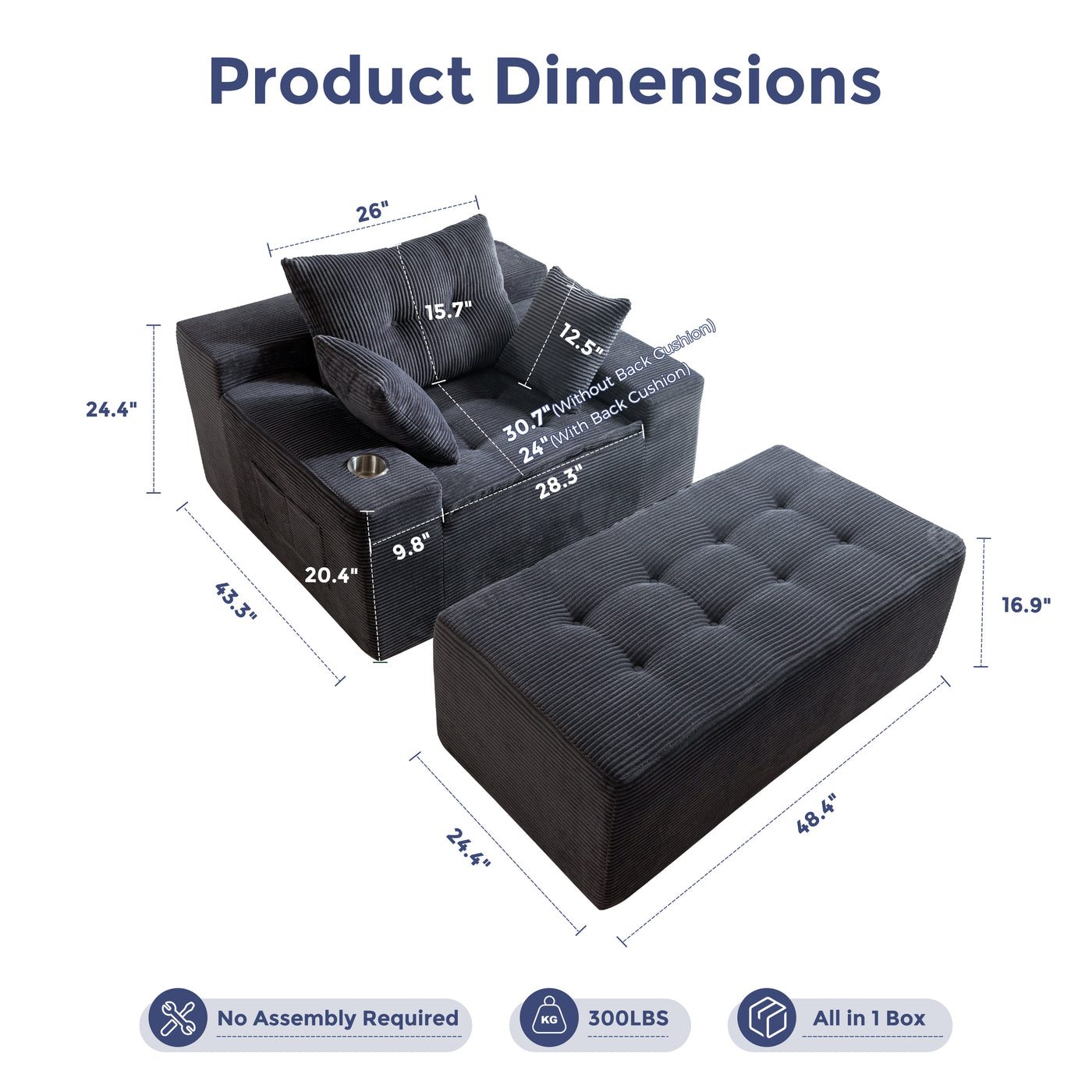 MAXYOYO Modular Sectional Chaise Lounge Sofa, Upholstered Lounge Chair with Pillows Indoor, Tufted Boneless Sofa Couch with Ottoman, Deep Seat Sleeper Chair for Living Room, No Assembly
