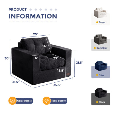 MAXYOYO Bean Bag Chair for Adults, Upholstered Floor Sofa with Armrests, Boneless Couch with Tufted Cushion & Backrest, Sofa in A Box, Large Bean Bag Couch for Bedroom Living Room, Dorm, Black