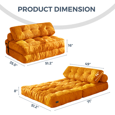 MAXYOYO Folding Sofa Bed, Convertible Sleeper Chair with Pillow Foldable Matress with Back Support, Portable Fold Out Chair Bed Comfy Floor Sofa Lounge for Living Room Bedroom, Orange Double