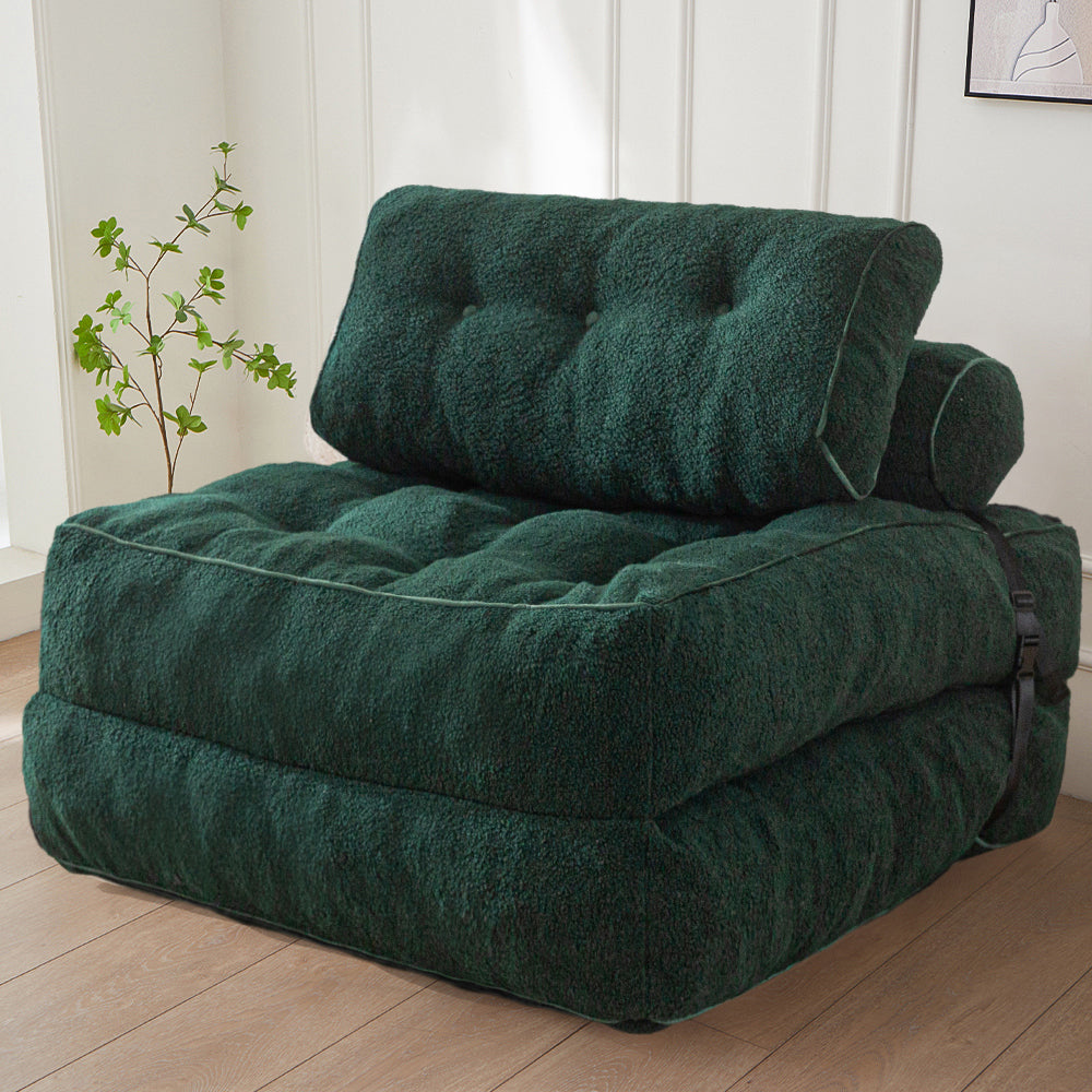 MAXYOYO Fuzzy Folding Sofa Bed, Convertible Sleeper Chair with Pillow Foldable Mattress with Back Support, Green