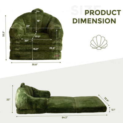 MAXYOYO Folding Sofa Bed, 2 in 1 Convertible Sofa to Lounger Comfy Single Bean Bag Chair for Adults, Floor Sleeper Couch with Handle, Faux Fur Couch Bed for Living Room Bedroom, Green