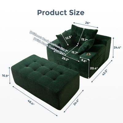 MAXYOYO Oversized Chaise Lounge Sofa with Ottoman – No-Assembly Sleeper Chair for Living Room, Green