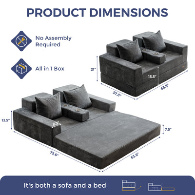 MAXYOYO Loveseat Sofa Bed, 4 in 1 Foldable Floor Sofa Couch in A Box with 2 Cup Holders, Convertible Boneless Couch Folding Recliner Sleeper Chair for Living Room, No Assembly Required