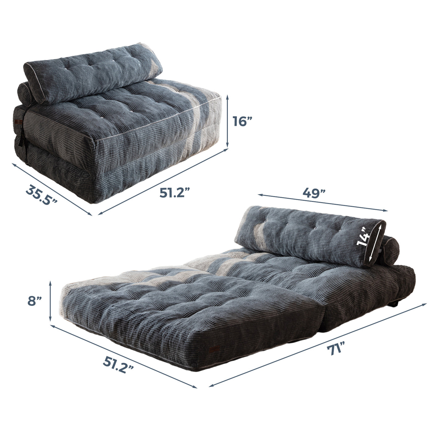 MAXYOYO Corduroy Folding Sofa Bed, Convertible Sleeper Chair with Pillow Foldable Mattress with Back Support(Double), Dark Grey
