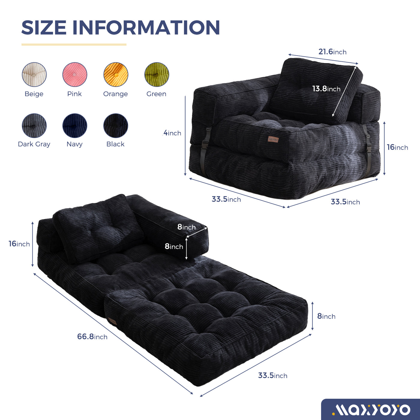 MAXYOYO Folding Sofa Bed, L-Shaped Convertible Sofa with Armrest Foldable Sleeper Bed with Pillow, Comfy Floor Lounge for Living Room Bedroom