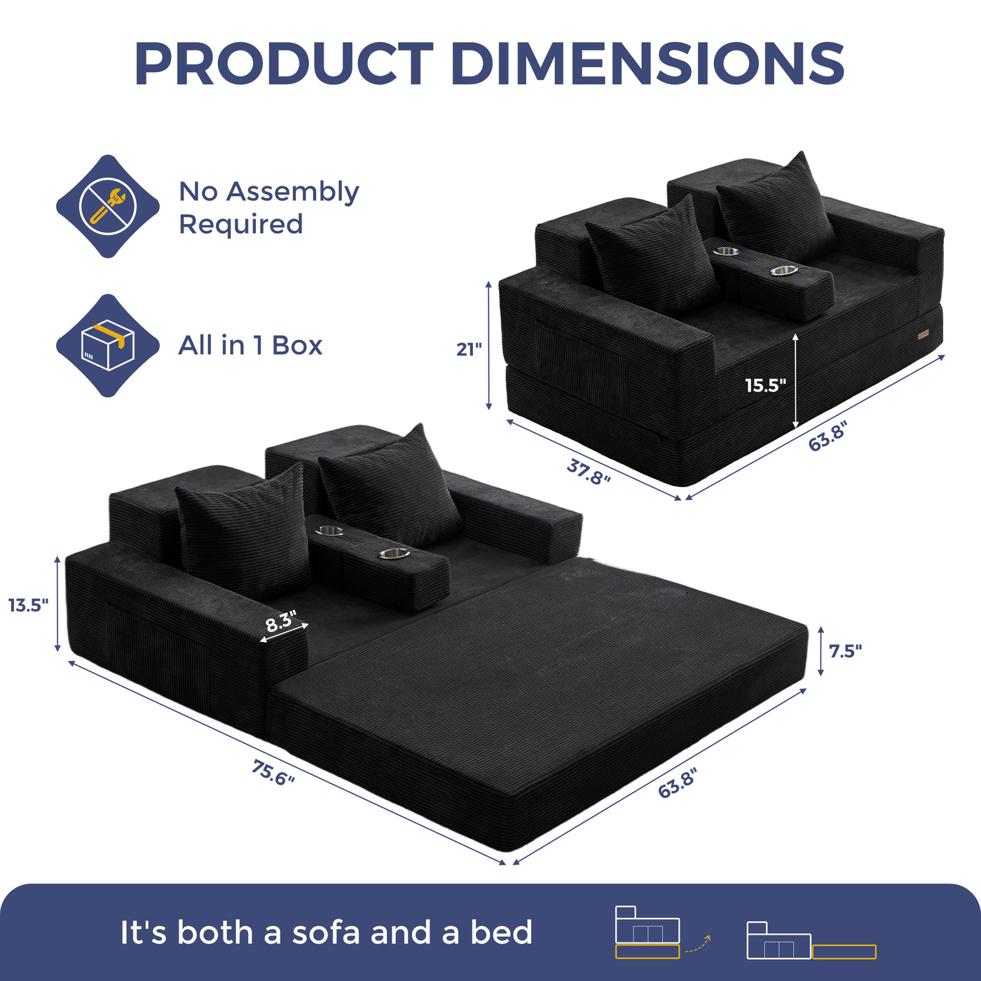 MAXYOYO Loveseat Sofa Bed, 4 in 1 Foldable Floor Sofa Couch in A Box with 2 Cup Holders, Convertible Boneless Couch Folding Recliner Sleeper Chair for Living Room, No Assembly Required