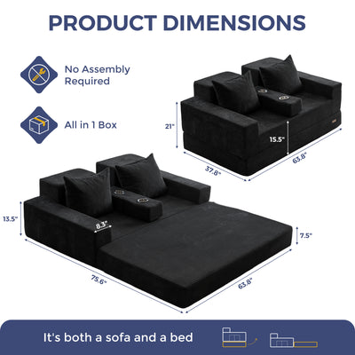 MAXYOYO Loveseat Sofa Bed, 4 in 1 Foldable Floor Sofa Couch in A Box with 2 Cup Holders, Convertible Boneless Couch Folding Recliner Sleeper Chair for Living Room, No Assembly Required