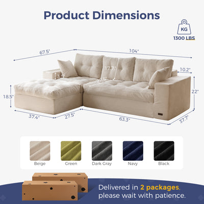 Beige sectional sofa with dimensions and color options displayed.