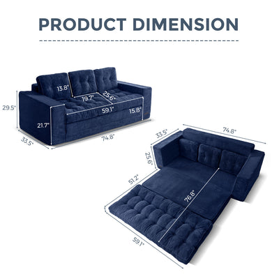 MAXYOYO 3-Seater Convertible Sofa Bed – Corded 2-in-1 Pull-Out Floor Couch with Pillows for Living Room, No Assembly