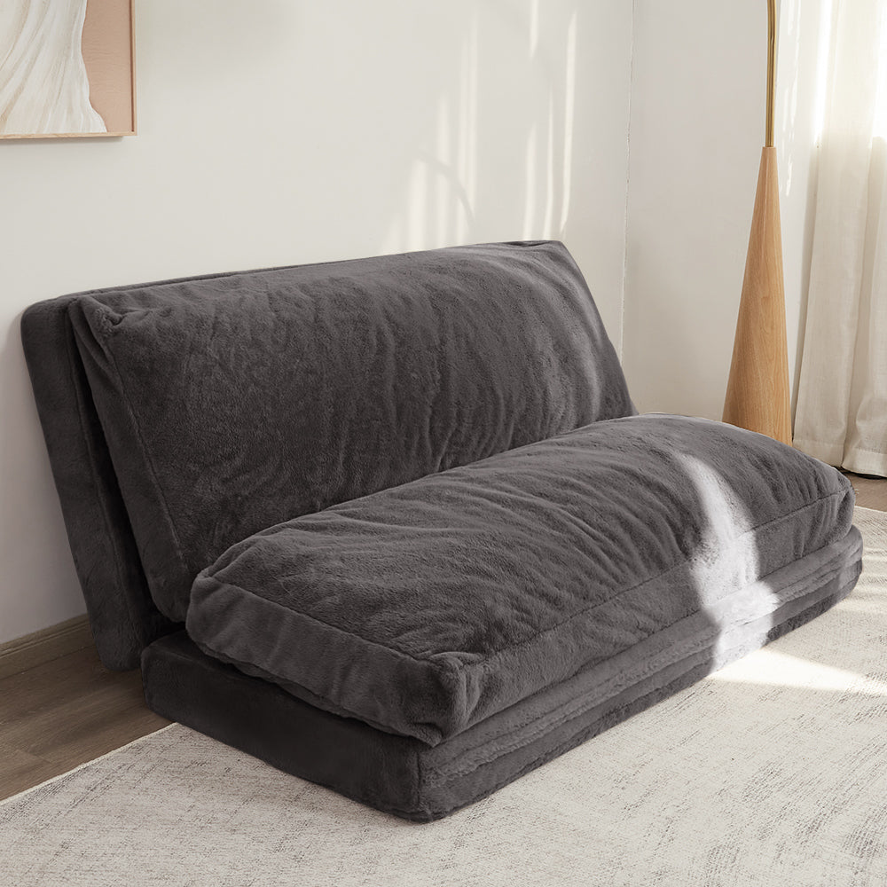 MAXYOYO Bean Bag Folding Sofa Bed, Floor Mattress Extra Thick Floor Sofa with Faux Fur Washable Cover, Dark Grey
