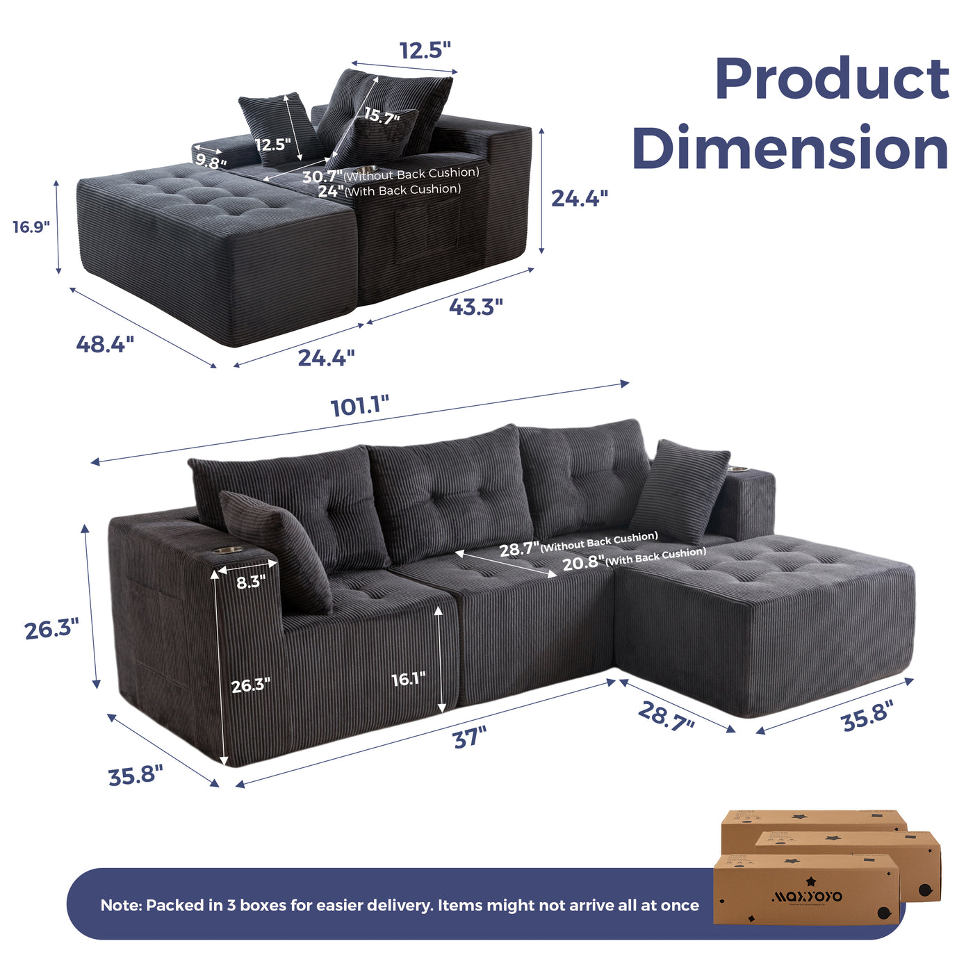 MAXYOYO Modular Sectional Sofa Couch and Chaise Lounge, L Shaped Modern Cloud Couch with Ottoman, Sofa in A Box, Tufted 6-Seat Boneless Sleeper Chair for Living Room, No Assembly Required