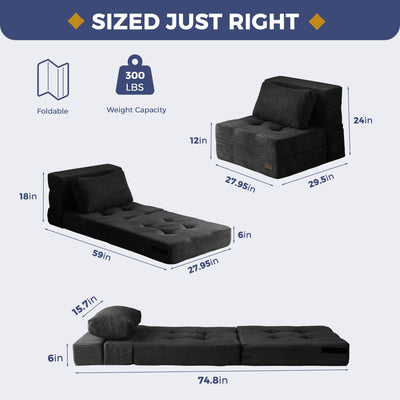 MAXYOYO Convertible Sofa Bed, Fold Out Single Sleeper Sofa with Pillow, 3 in 1 Folding Couch Bed Foam Floor Couch, Lazy Chair for Living Room Bedroom Guest Room, Black