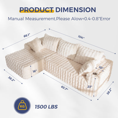 MAXYOYO 104" Modular Sectional Couch with L-Shape Chaise, Modern Boneless Couch for Living Room, Sofa in A Box, Oversized Sofa Sleeper with Deep Seat, No Assembly Required, Beige