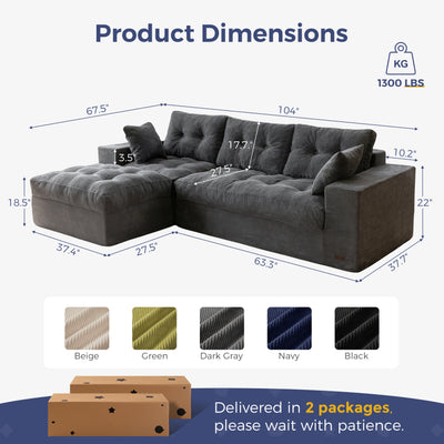 MAXYOYO L Shaped Sectional Sofa with Ottoman, Cloud Boneless Couch with Layered Cushion, Upholstered Modular Sofa with Tufting, Flexible Module Combination for Living Room, No Assembly, Dark Grey