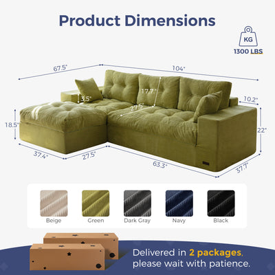 Green sectional sofa with dimensions and color options displayed.