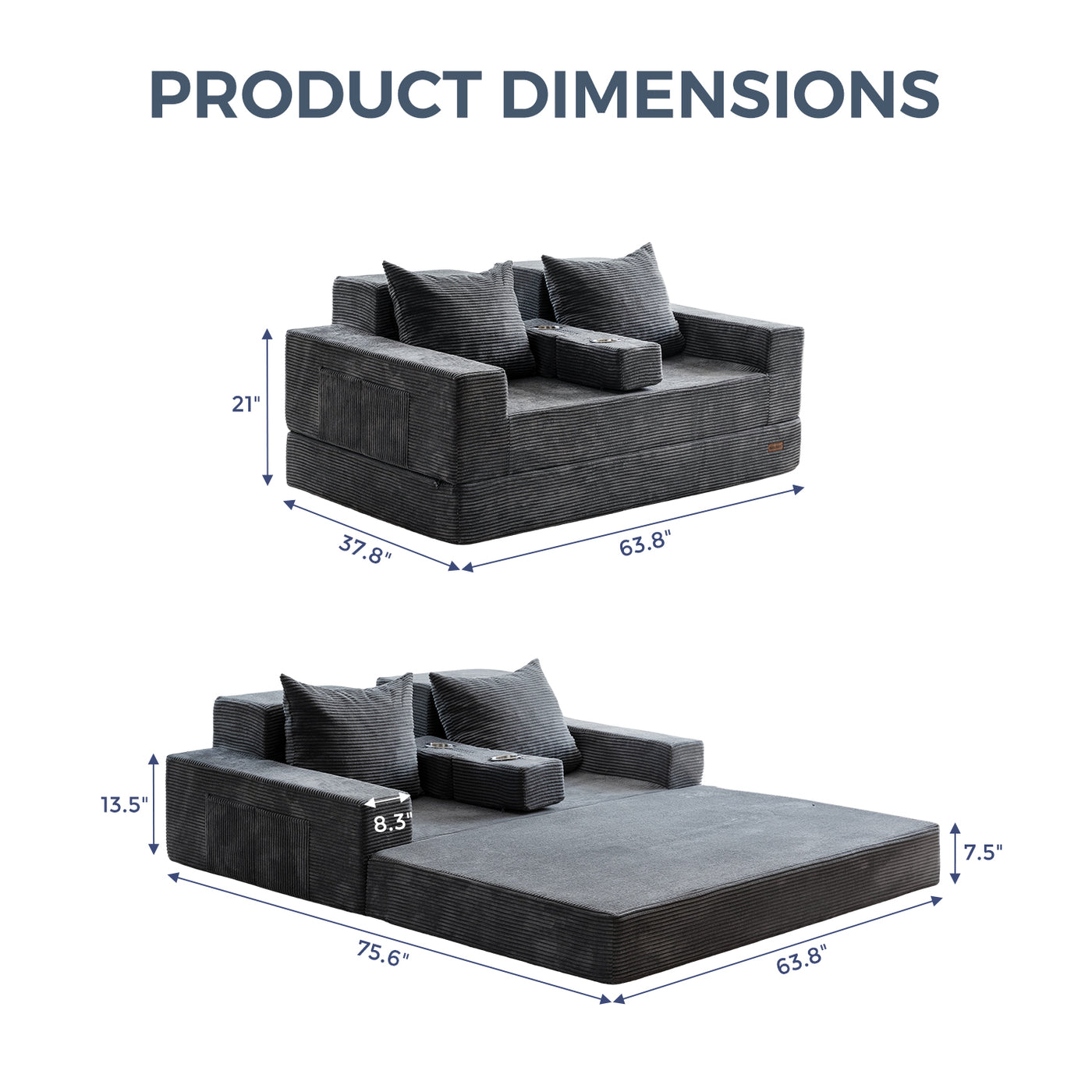 MAXYOYO Loveseat Floor Sofa Bed – Corded 4-in-1 Reclining Couch with Cup Holders & Pillows, Dark Grey