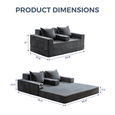 MAXYOYO Loveseat Floor Sofa Bed – Corded 4-in-1 Reclining Couch with Cup Holders & Pillows, Dark Grey