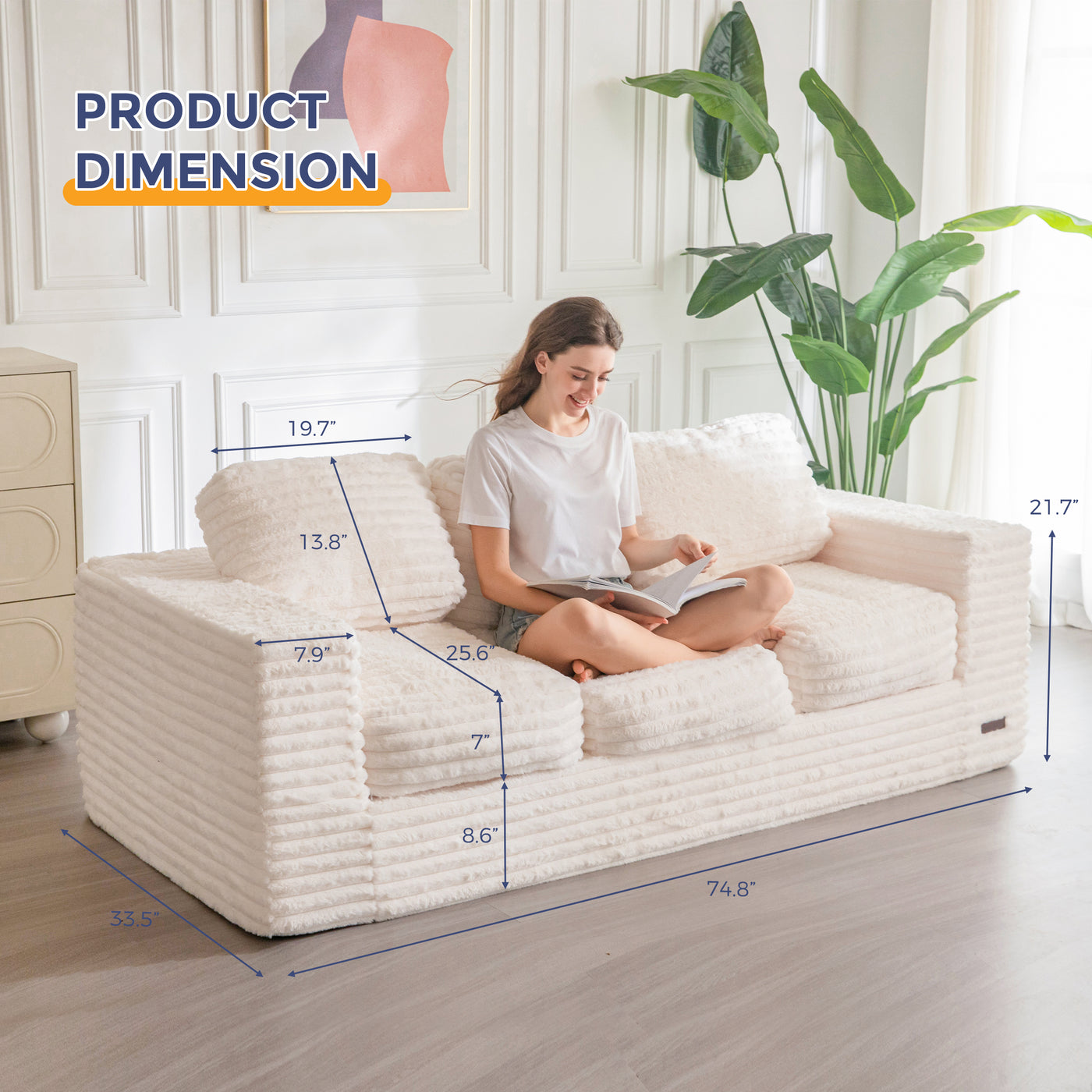 MAXYOYO 3-Seater Boneless Sofa Couch in a Box, Modern Faux Fur Sofa for Living Room, Soft High-Density Foam Couch with Pillows, Fluffy & Supportive Chair Lounge, No Assembly Required