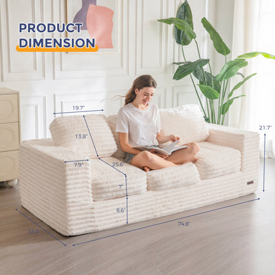 MAXYOYO 3-Seater Boneless Sofa Couch in a Box, Modern Faux Fur Sofa for Living Room, Soft High-Density Foam Couch with Pillows, Fluffy & Supportive Chair Lounge, No Assembly Required