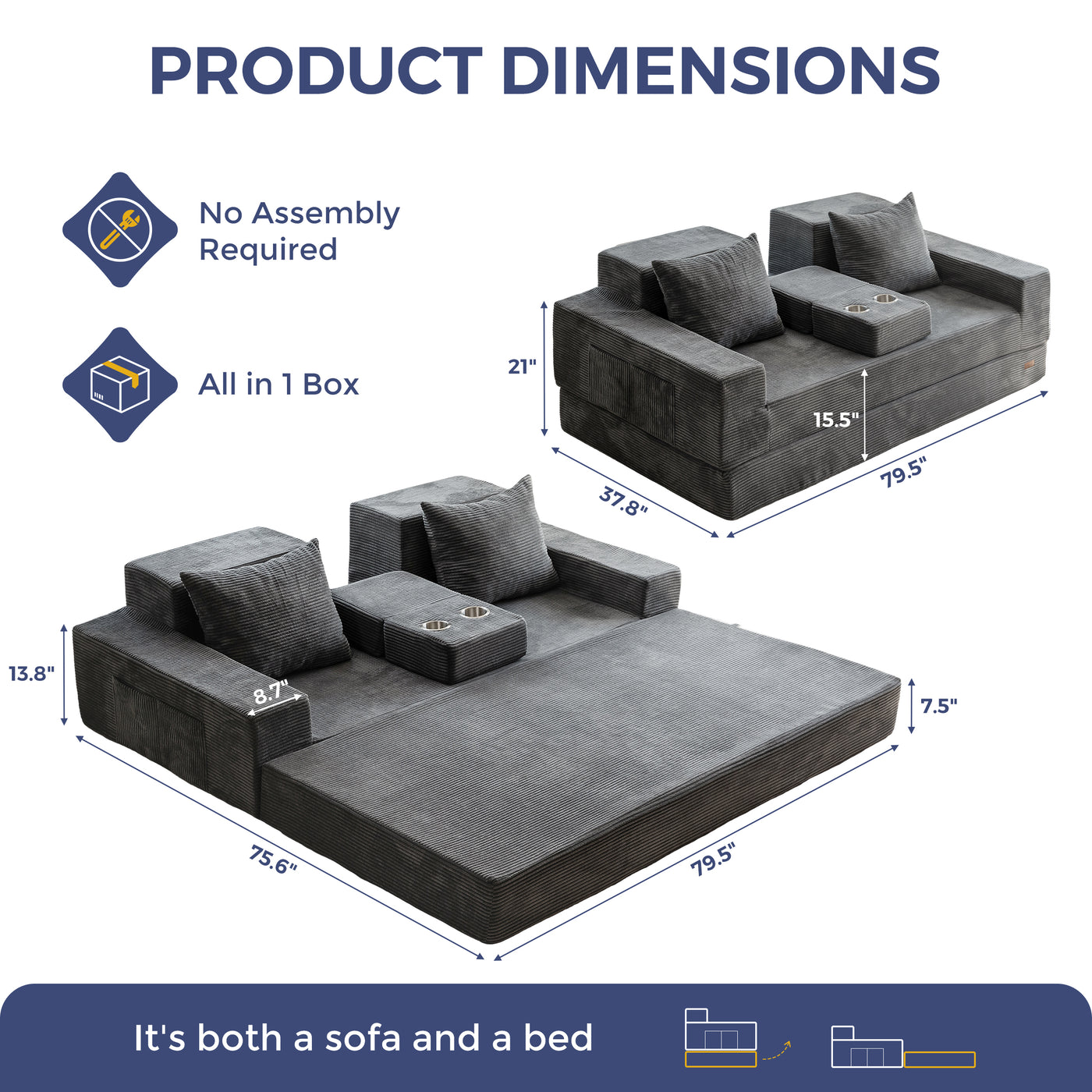MAXYOYO Sofa Bed, 4 in 1 Foldable Floor Sofa Couch in A Box with 2 Cup Holders, Convertible 3 Seater Boneless Couch Folding Recliner Sleeper Chair for Living Room, No Assembly Required