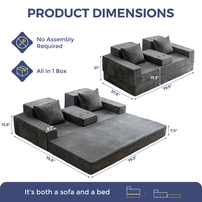 MAXYOYO Sofa Bed, 4 in 1 Foldable Floor Sofa Couch in A Box with 2 Cup Holders, Convertible 3 Seater Boneless Couch Folding Recliner Sleeper Chair for Living Room, No Assembly Required