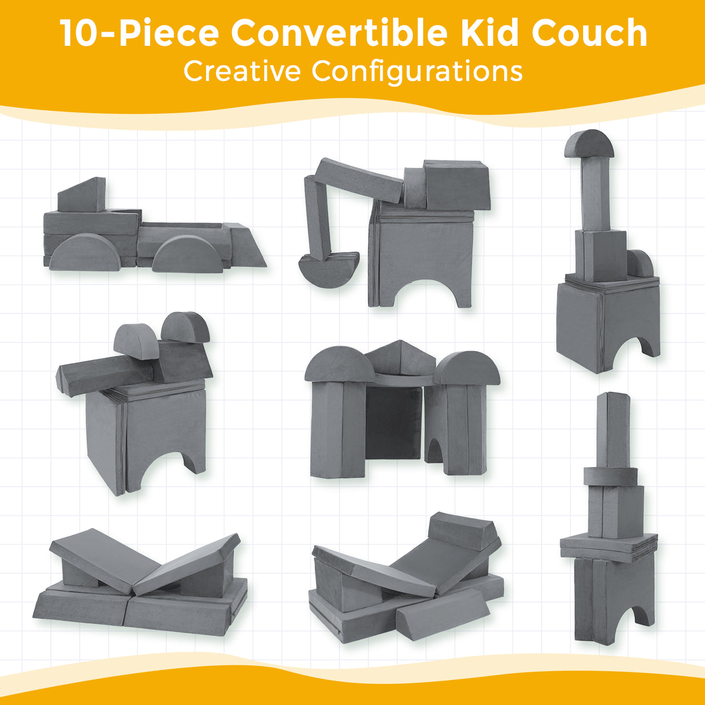 MAXYOYO 10-Piece Modular Convertible Kids Play Couch Sofa Set with Removable Velvet Covers (Grey)