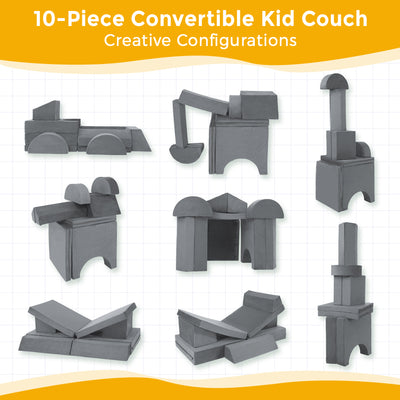 MAXYOYO 10-Piece Modular Convertible Kids Play Couch Sofa Set with Removable Velvet Covers (Grey)