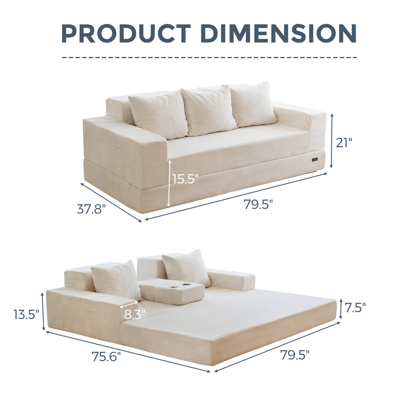 MAXYOYO Convertible 3-Seater Sofa Bed – Corded Foldable Floor Recliner with Cup Holders, Beige