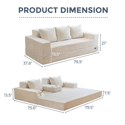 MAXYOYO Convertible 3-Seater Sofa Bed – Corded Foldable Floor Recliner with Cup Holders, Beige