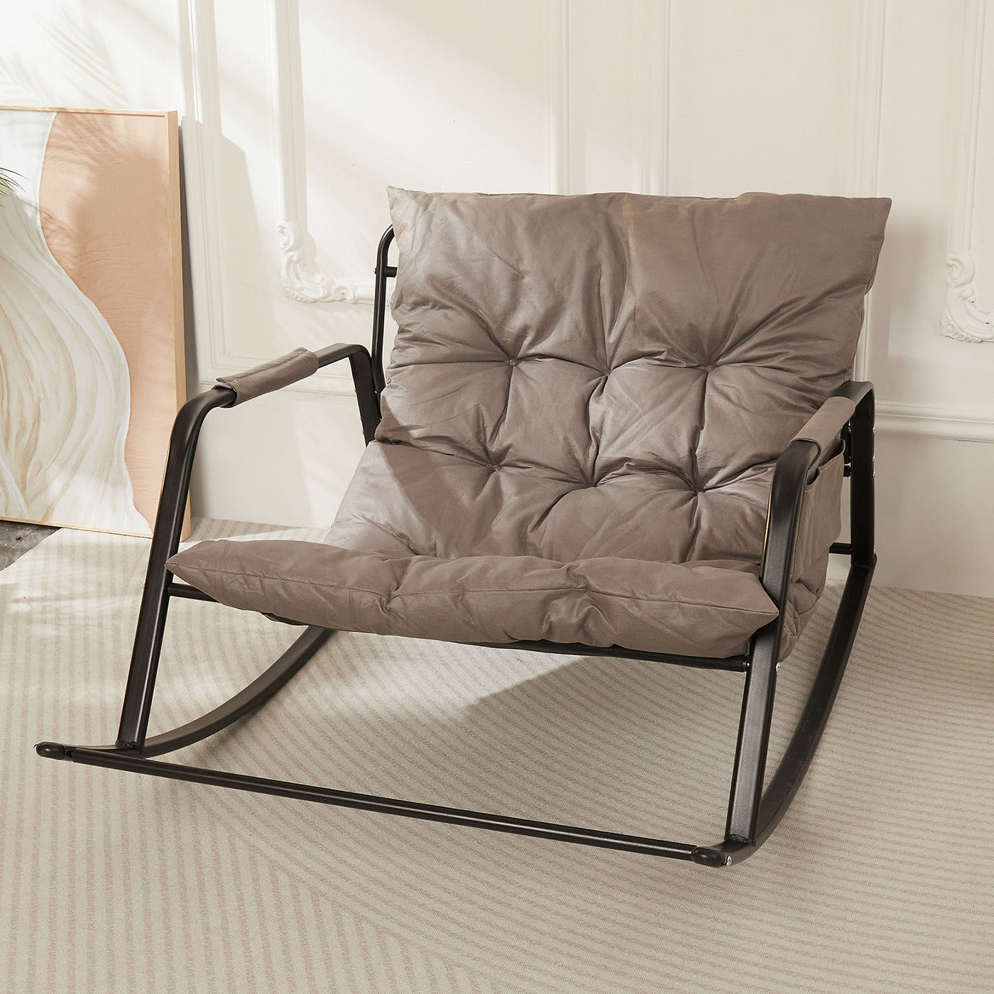 MAXYOYO Metal Rocking Chair, Reading Sofa Modern Lounge Rocker with Cushion for Living Room and Graden, Dark Grey