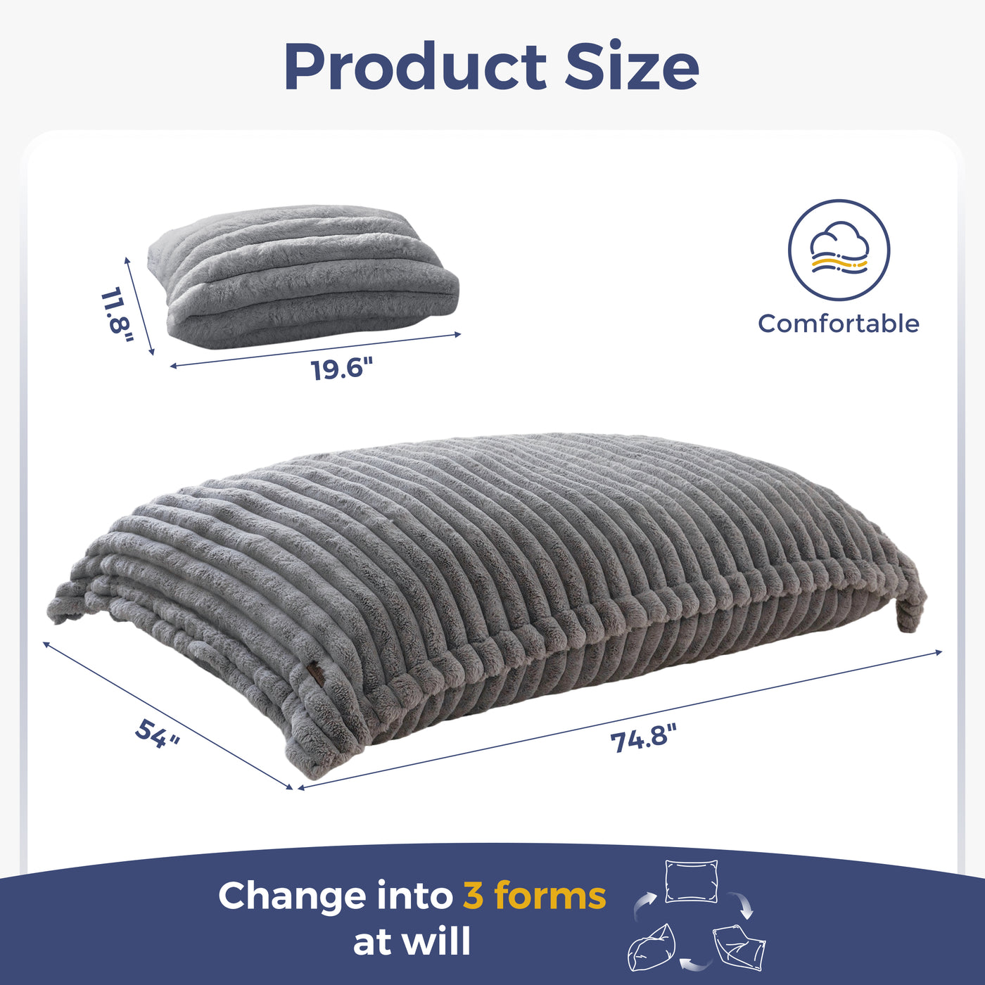 MAXYOYO Giant Bean Bag Chair with Pillow, 3 in 1 Convertible Bean Bag Bed for Adults with Washable Cover, Removable Floor Cushion Stuffed Floor Lounger for Living Room Bedroom
