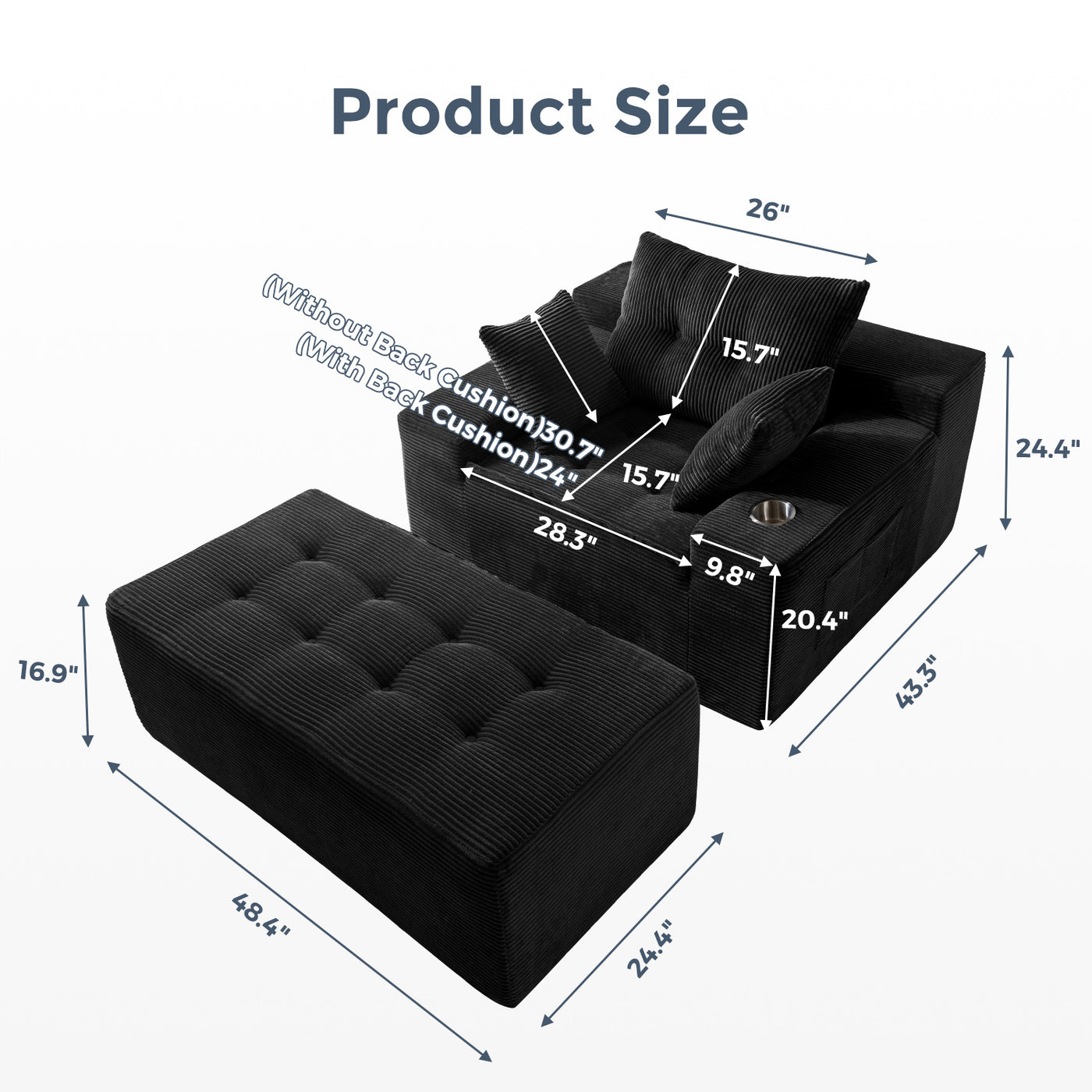 MAXYOYO Oversized Chaise Lounge Sofa with Ottoman – Deep Seat Tufted Floor Couch with 3 Pillows, Black