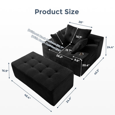 MAXYOYO Oversized Chaise Lounge Sofa with Ottoman – Deep Seat Tufted Floor Couch with 3 Pillows, Black