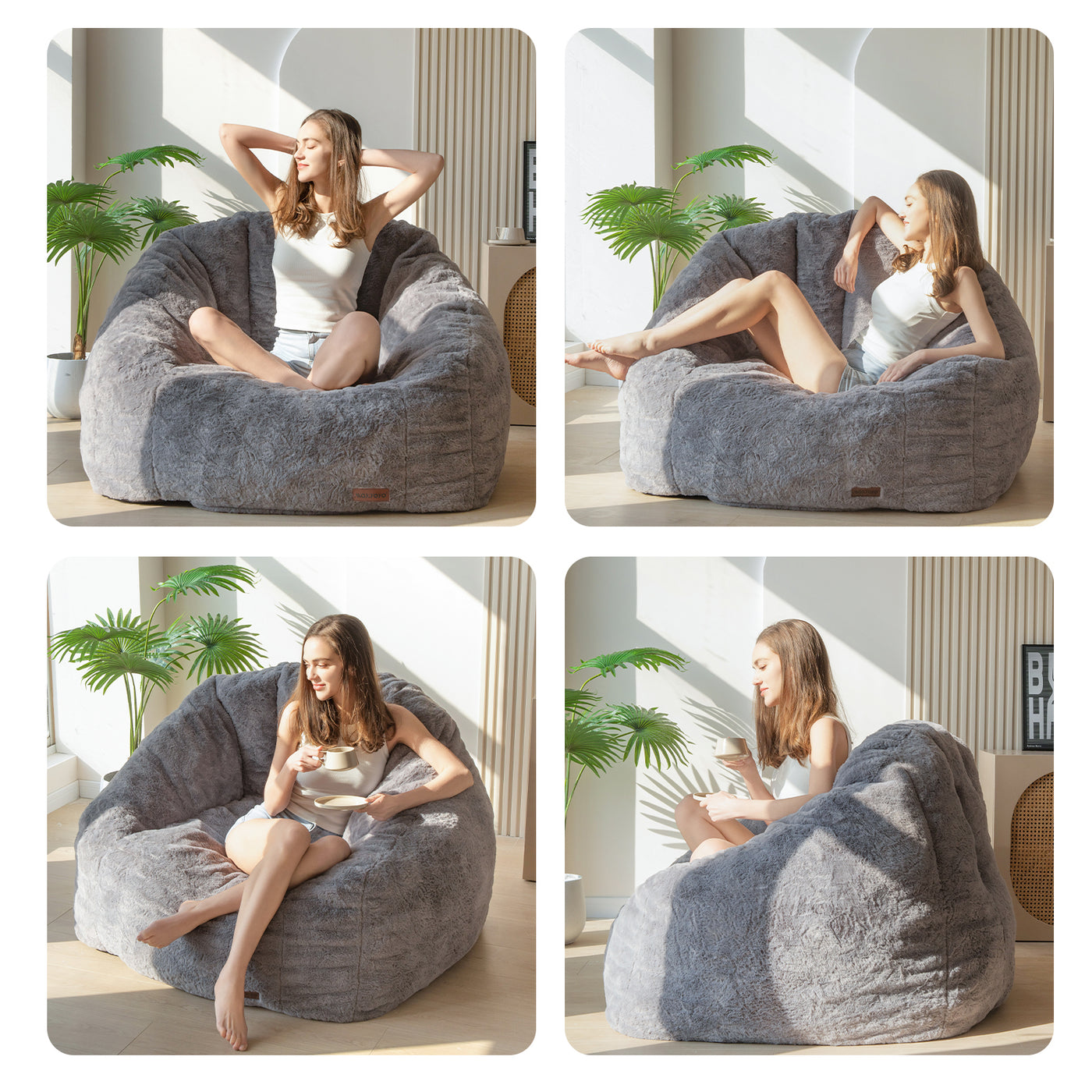 MAXYOYO Giant Bean Bag Chair, Faux Fur Shell-Shaped Oversized Bean Bag Chair with Filler for Gaming, Reading (Dark Grey)