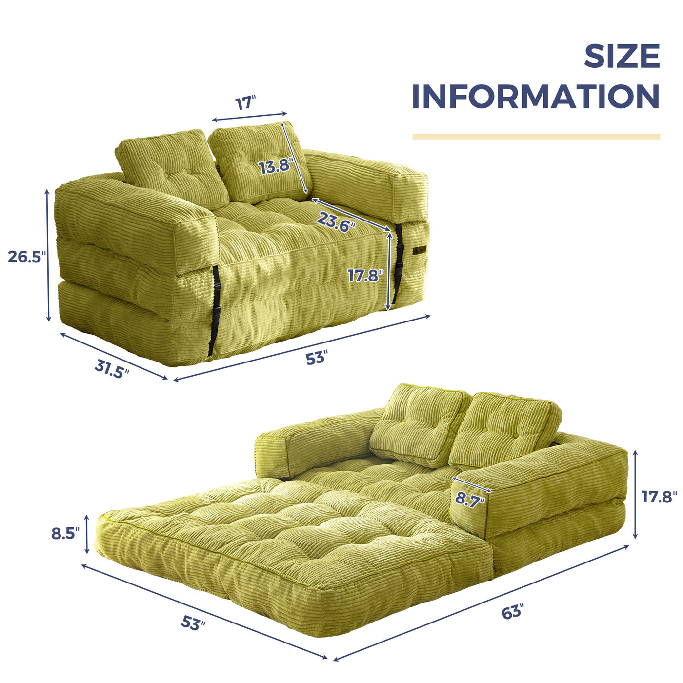 MAXYOYO Folding Sofa Bed with Armrest – 2-Seat Foldable Couch, Green